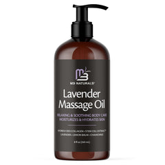 M3 Naturals botella frontal mostrando aceite de masaje lavanda y beneficio relajante