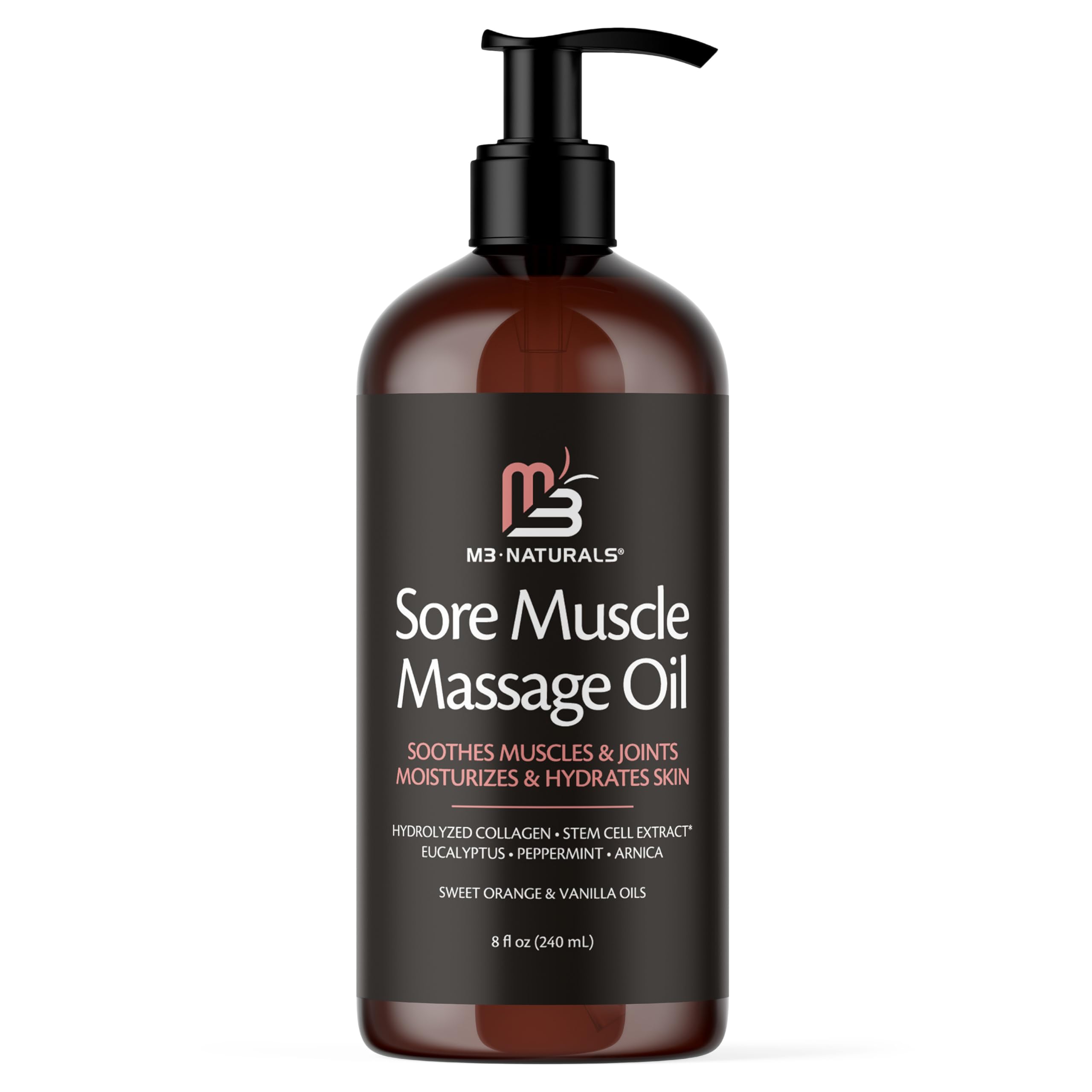 M3 Naturals frasco frontal del aceite de árnica y colágeno para alivio muscular