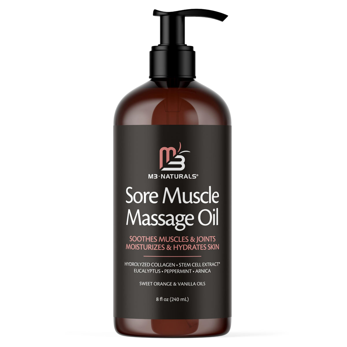 M3 Naturals frasco frontal del aceite de árnica y colágeno para alivio muscular