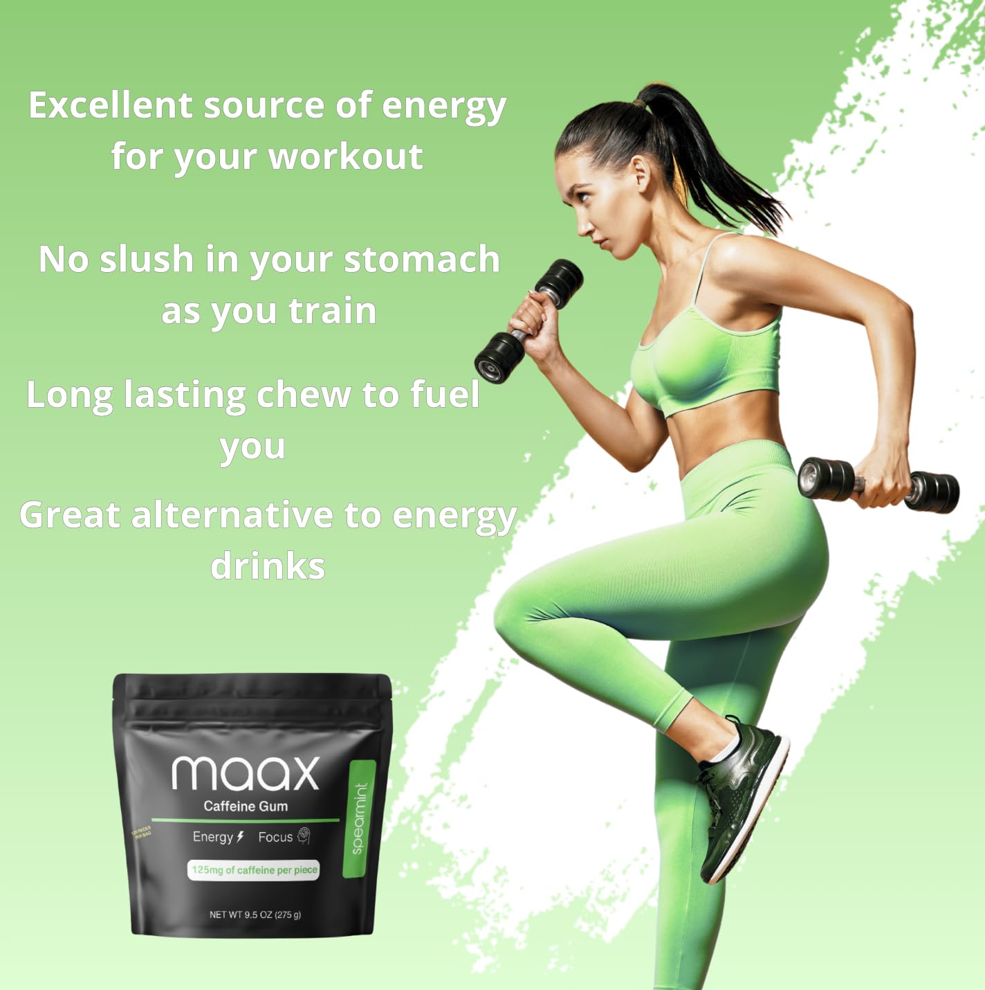 Maax Caffeinated Gum persona masticando un chicle, muestra uso discreto y energía inmediata