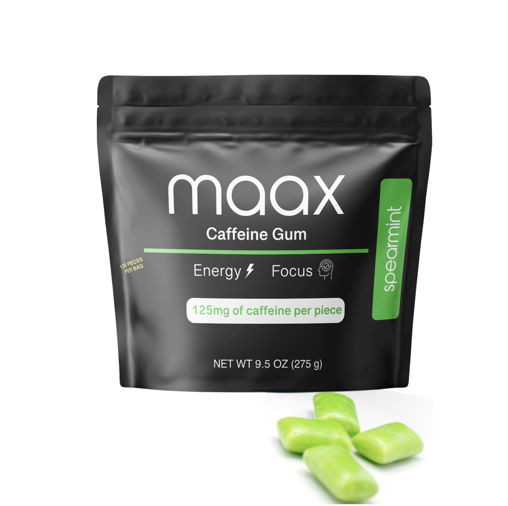 Maax Caffeinated Gum comparación de tamaño con una mano, visualiza que 125 mg por pieza es portátil