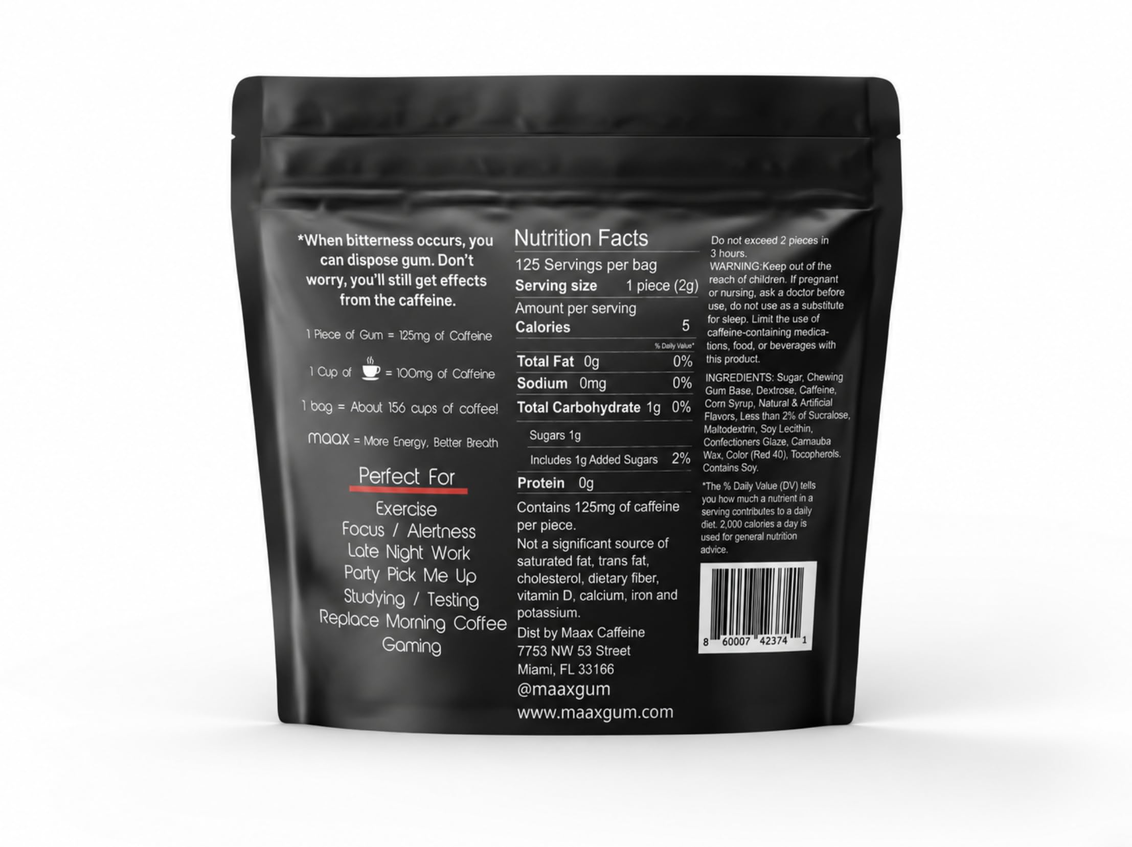 Maax Caffeinated Gum primer plano de la textura, beneficio masticado duradero