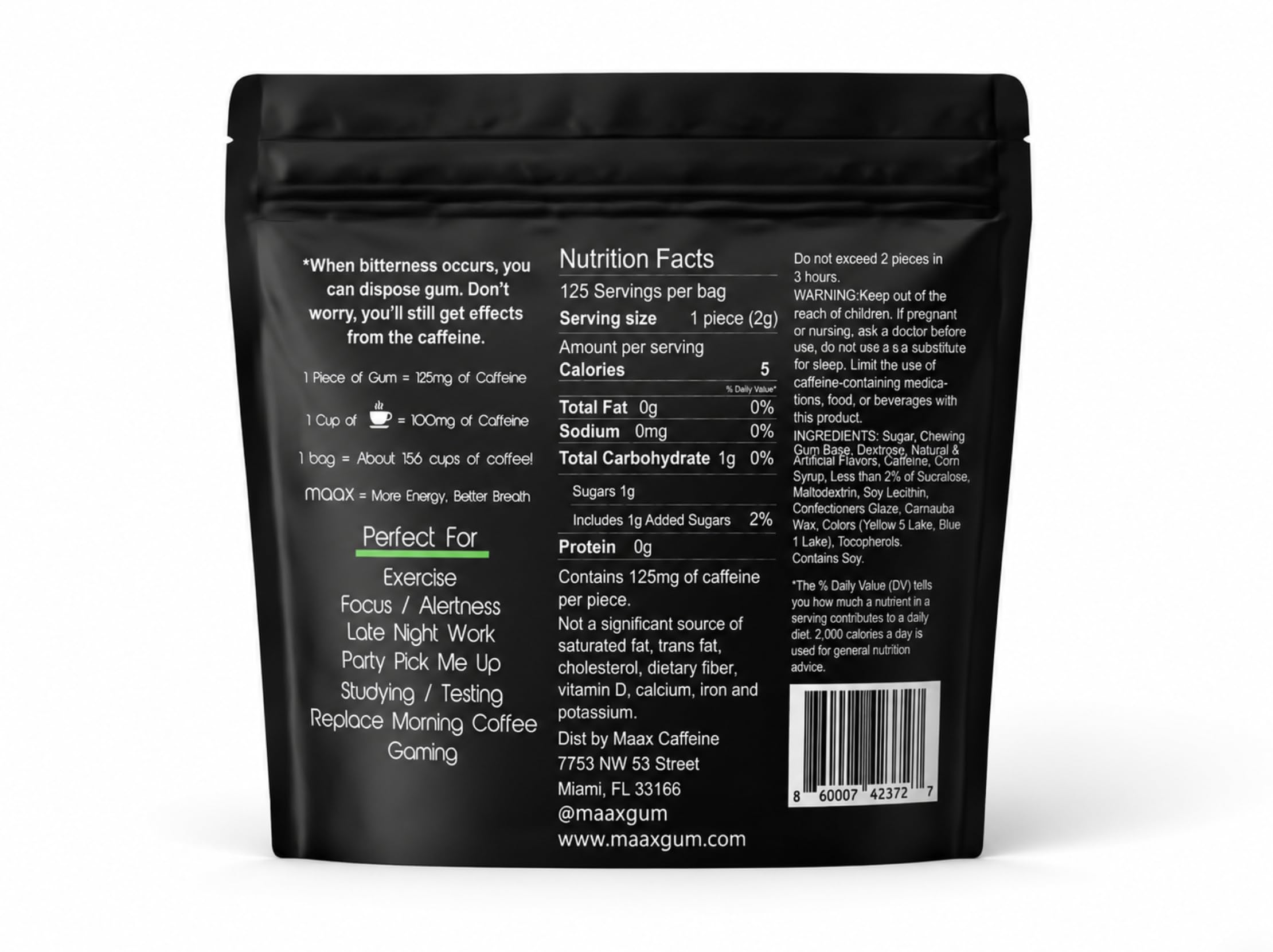 Maax Caffeinated Gum bolsa en mochila y mesa de oficina, ilustra conveniencia para estudio y trabajo