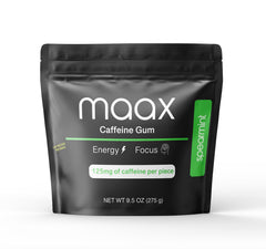 Maax Caffeinated Gum vista frontal del paquete mostrando 125 piezas y menta spearmint, práctico para llevar