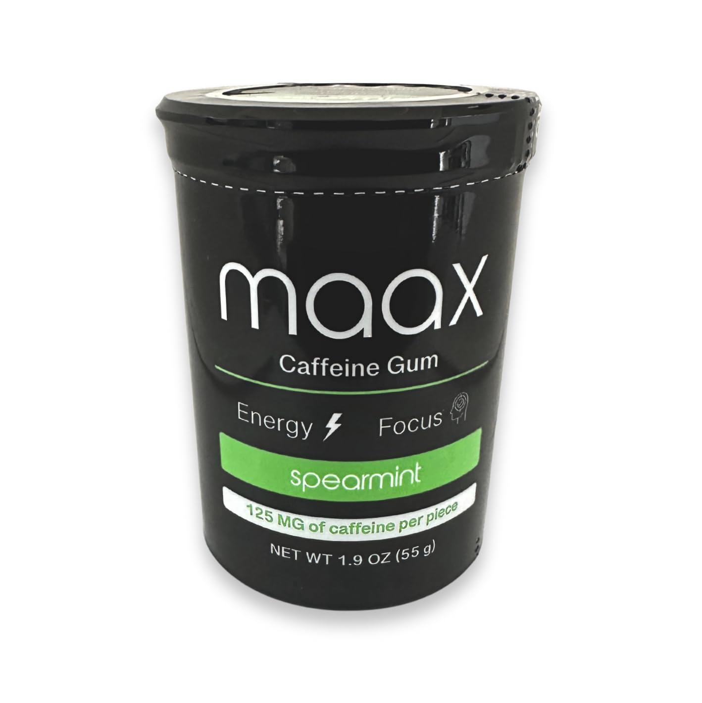 Maax Caffeinated Gum frente del envase mostrando 25 piezas y beneficio energía portátil