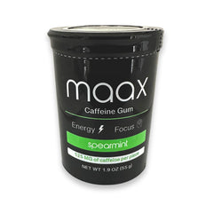 Maax Caffeinated Gum frente del envase mostrando 25 piezas y beneficio energía portátil
