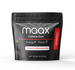 Maax Caffeinated Gum vista frontal con bolsa, beneficio energía portátil