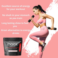 Maax Caffeinated Gum etiqueta de ingredientes, beneficio sin aspartamo ni gluten