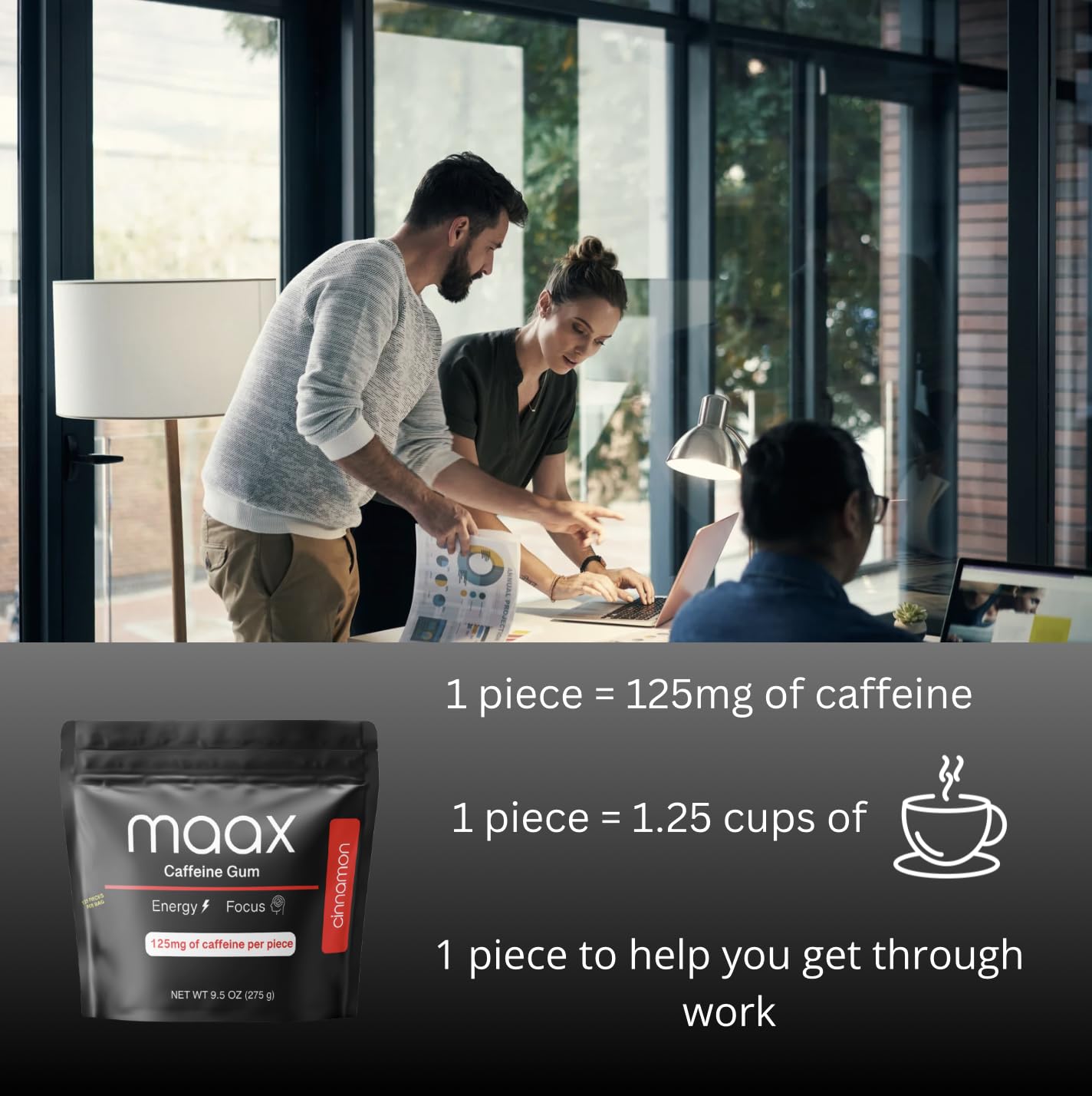 Maax Caffeinated Gum pieza en mano, beneficio dosificación fácil