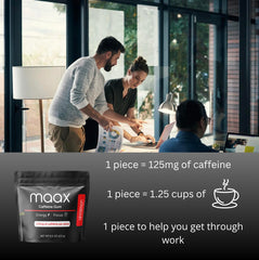 Maax Caffeinated Gum pieza en mano, beneficio dosificación fácil