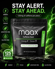 Maax Caffeinated Gum primer plano de la textura, demuestra la masticación duradera y consistente
