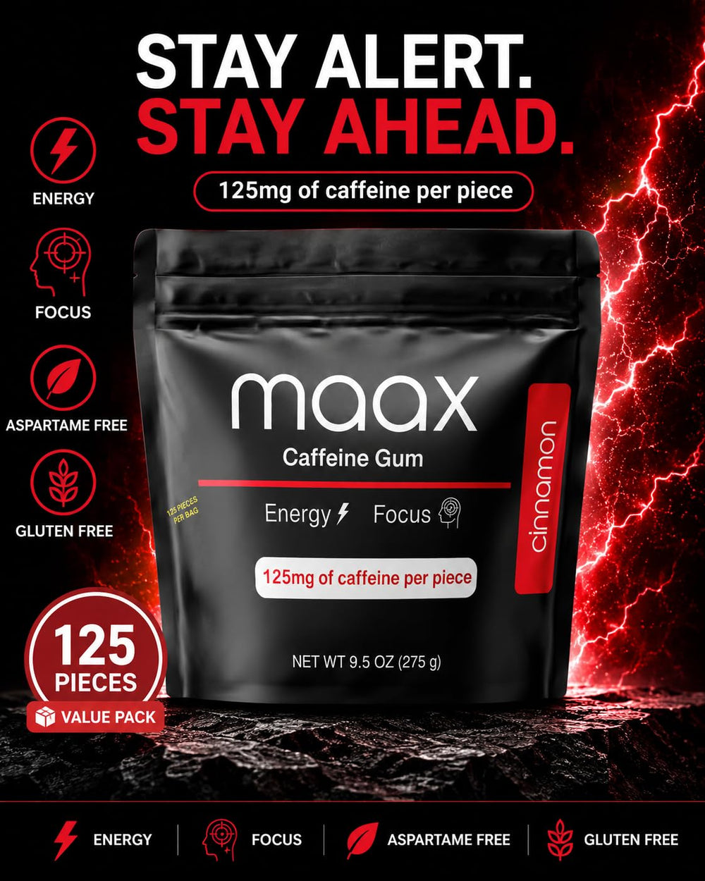 Maax Caffeinated Gum en escritorio estudiando, beneficio enfoque inmediato