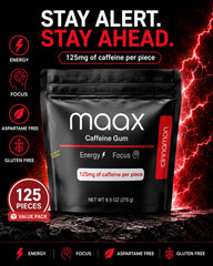 Maax Caffeinated Gum en escritorio estudiando, beneficio enfoque inmediato