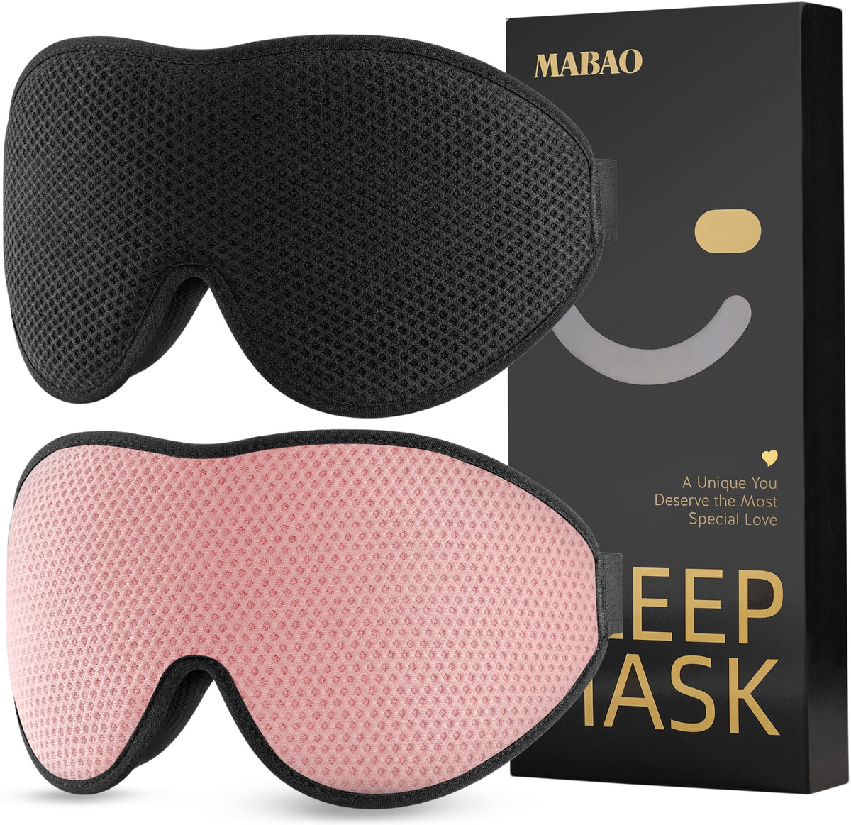 MABAO antifaz pack frontal mostrando color negro y rosa y beneficio oscuridad total
