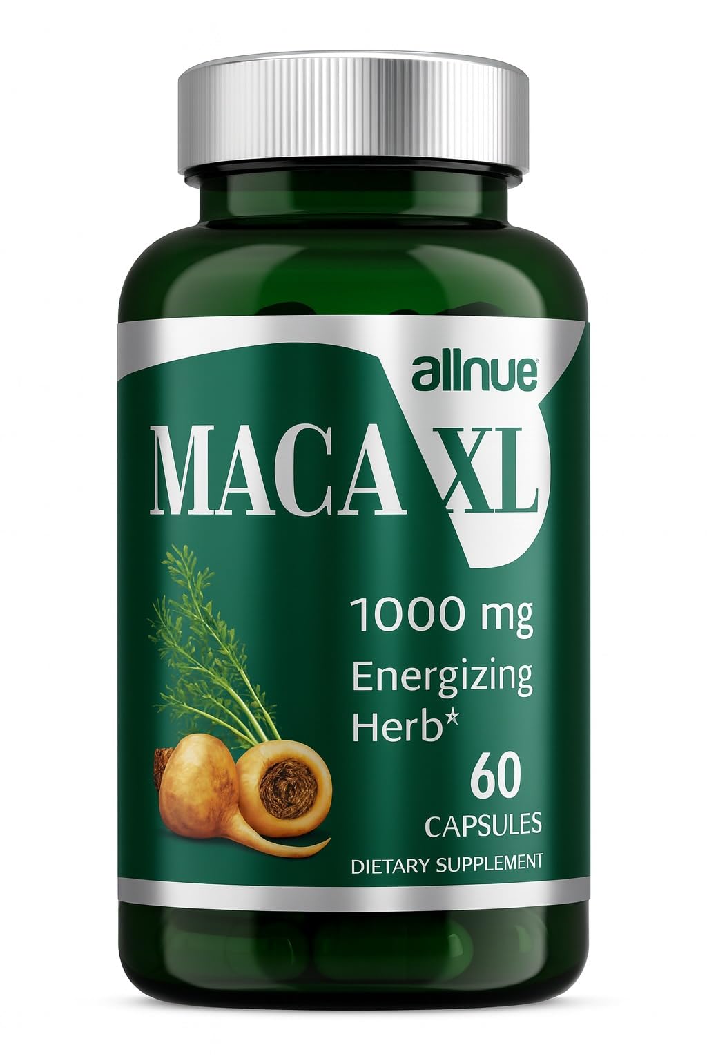 MACA frasco frontal de 60 cápsulas mostrando la presentación y conveniencia