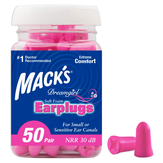 Mack's envase frontal rosa mostrando 50 pares y fácil dispensado