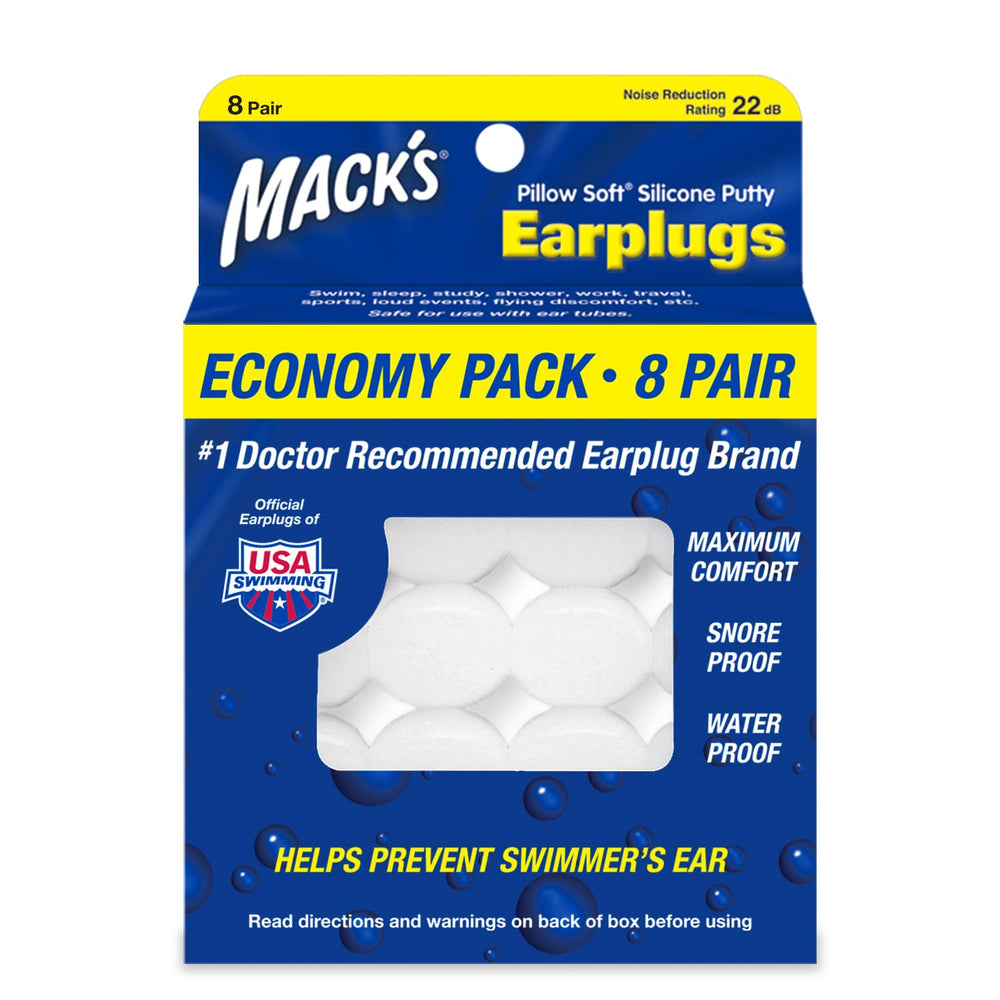 Mack's envase frontal mostrando 8 pares y beneficios para dormir