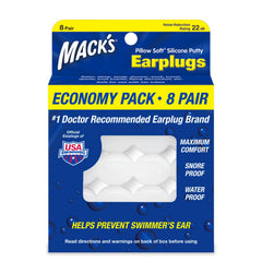Mack's envase frontal mostrando 8 pares y beneficios para dormir
