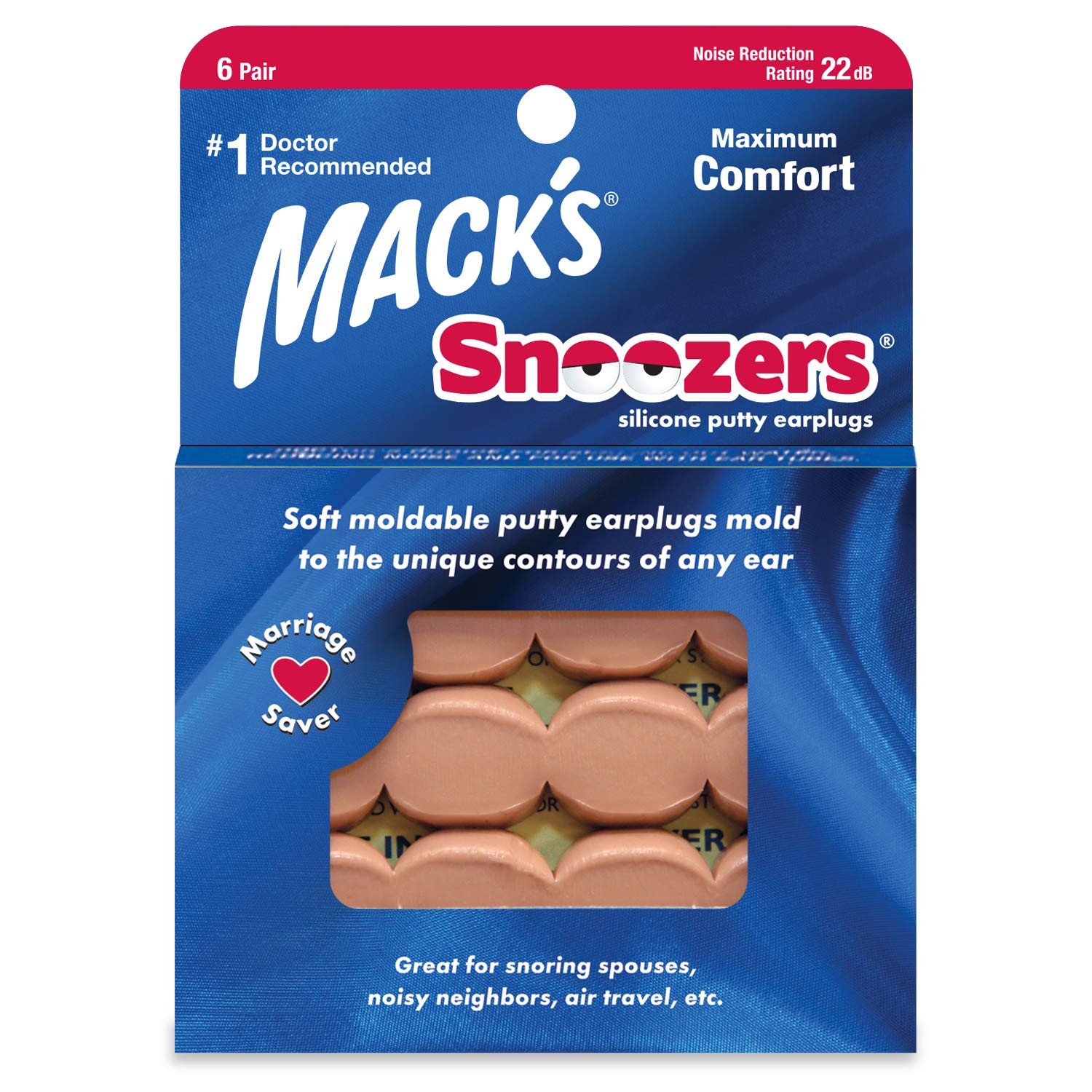 Mack's empaque frontal mostrando seis pares y beneficio comodidad