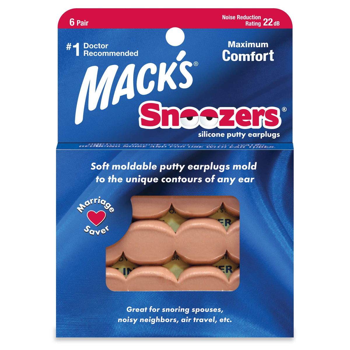 Mack's empaque frontal mostrando seis pares y beneficio comodidad