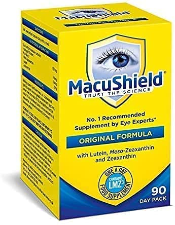 MacuShield envase abierto con cápsulas visibles, útil para ver suministro de tres meses