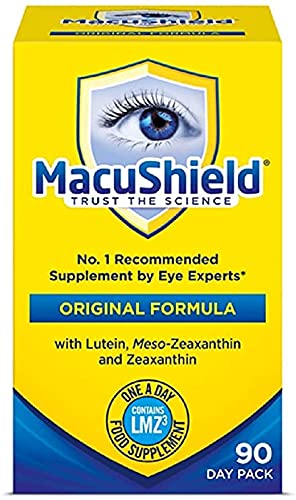 MacuShield frente del paquete mostrando nombre y cantidad 90 cápsulas, conveniente para control mensual