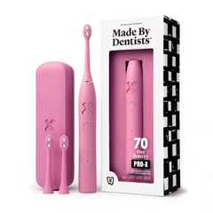 Made by Dentists cepillo PRO‑X rosa mostrando diseño frontal y beneficio limpieza profesional