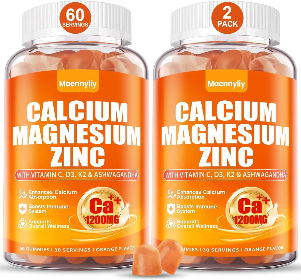 Maennyliy envase frontal de gominolas de calcio mostrando presentación y beneficio