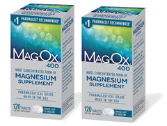 Mag-Ox 400 frasco frontal mostrando etiqueta y cantidad, confianza farmacéutica