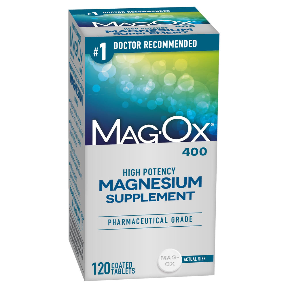 Mag-Ox envase frontal mostrando dosis y 120 comprimidos, fácil identificación del producto