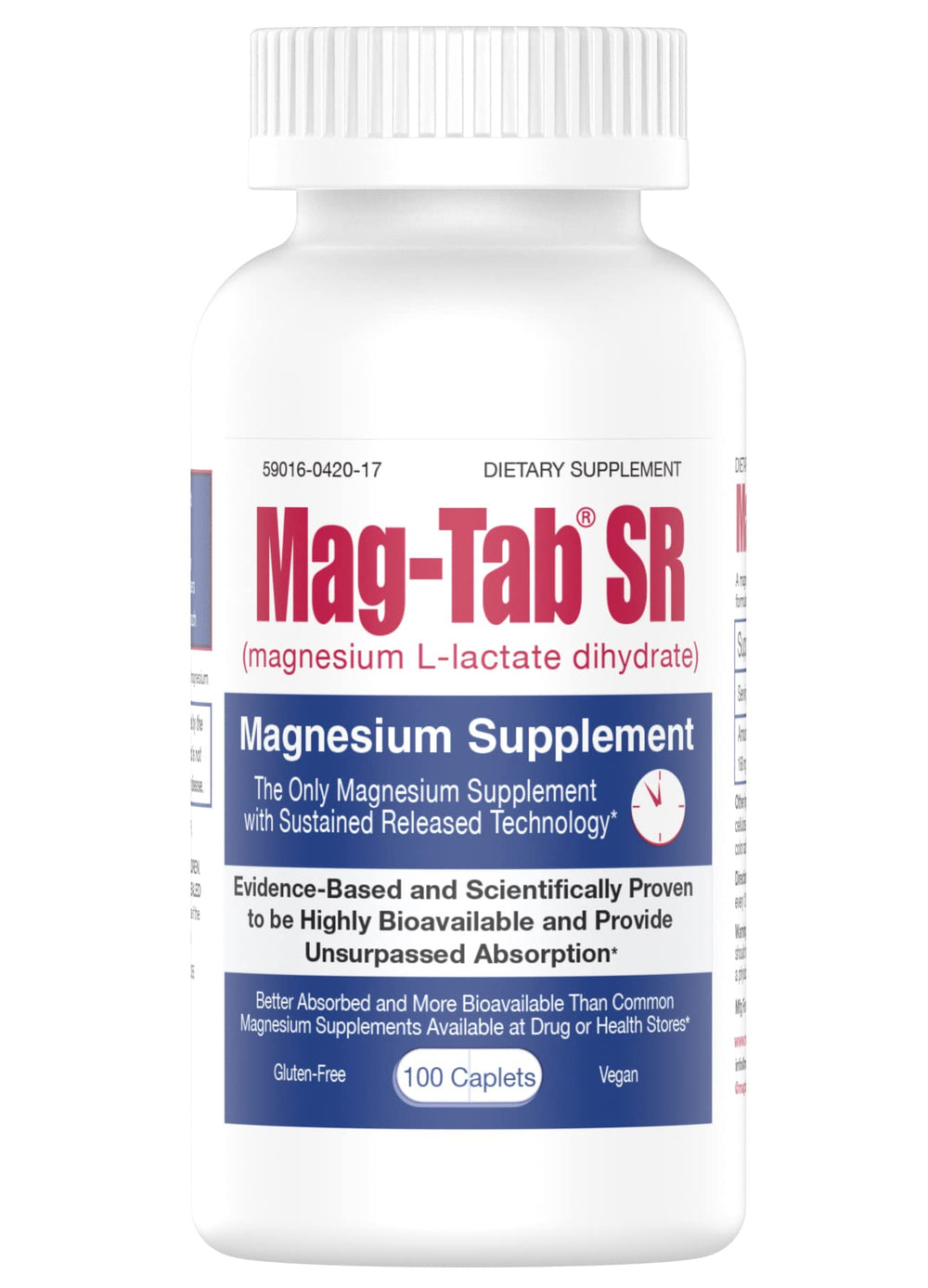 MAG-TAB SR frasco frontal mostrando etiqueta clara y beneficio de absorción superior