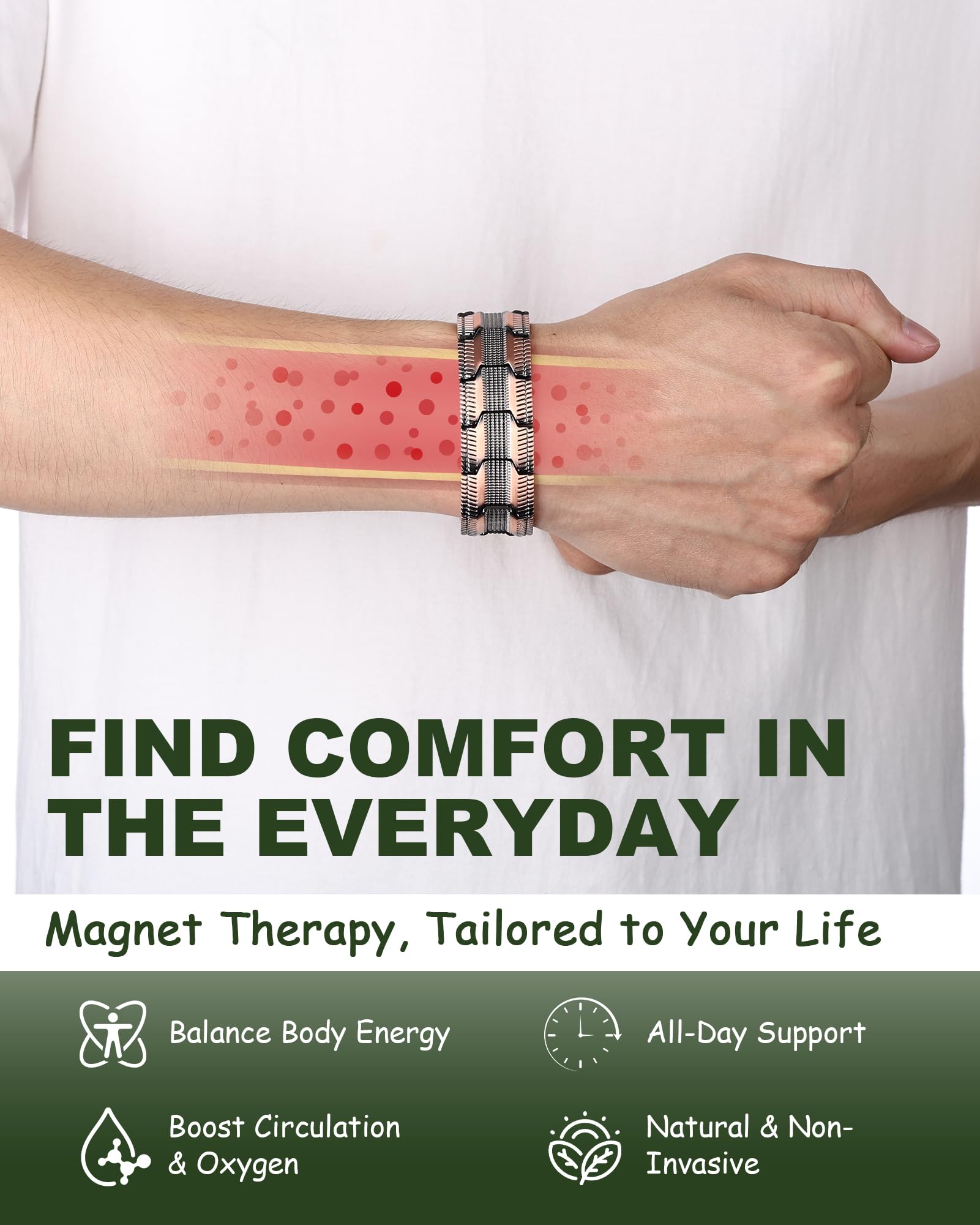 MagEnergy brazalete ajustado en muñeca ofreciendo fit cómodo y seguro