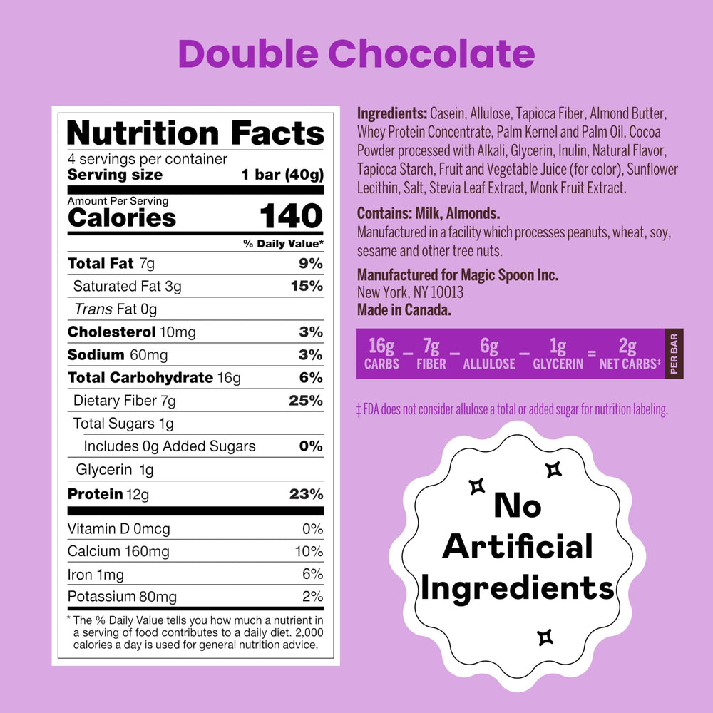 Magic Spoon etiqueta nutricional visible con proteína alta y bajo azúcar