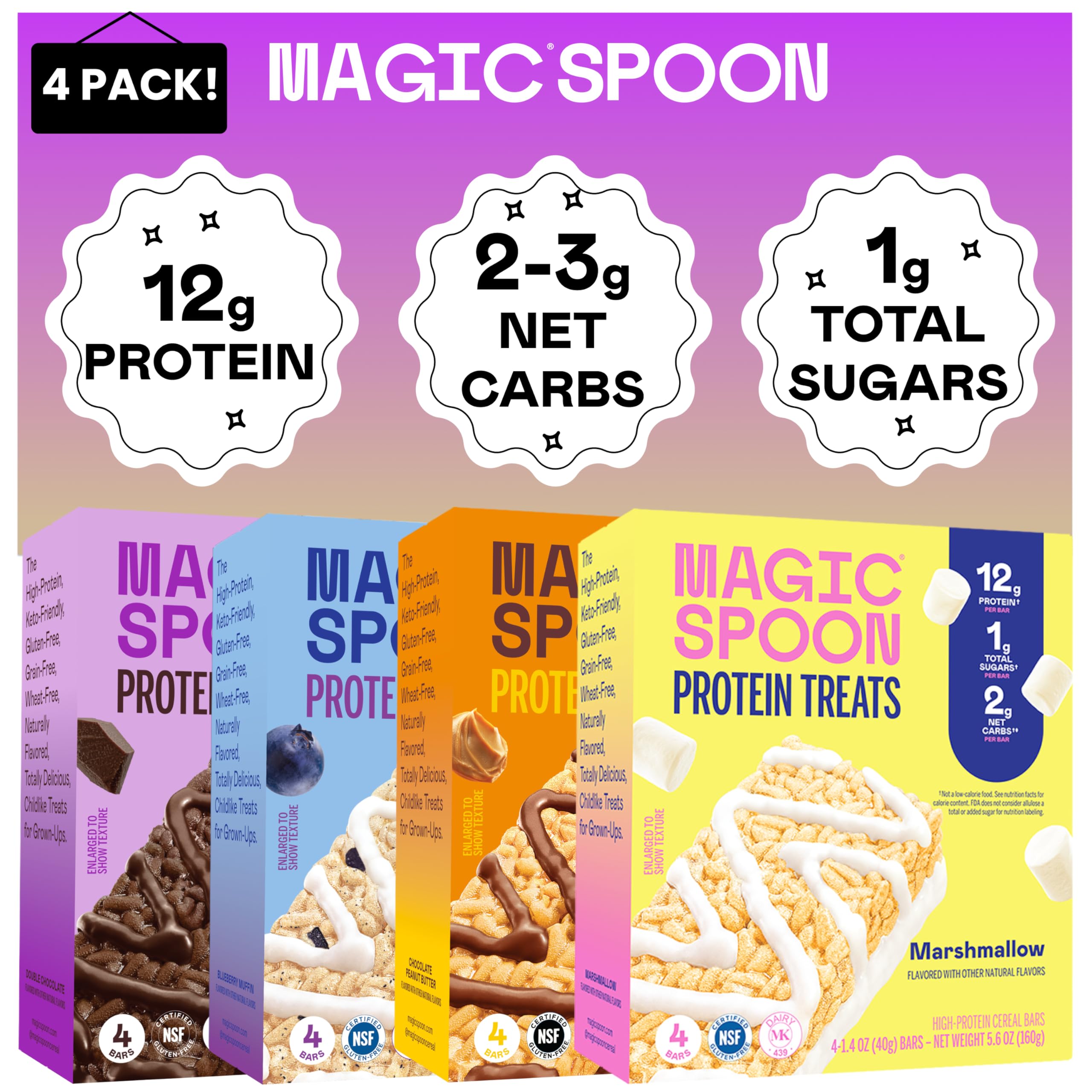 Magic Spoon frontal con empaques mostrando variedad y conveniencia