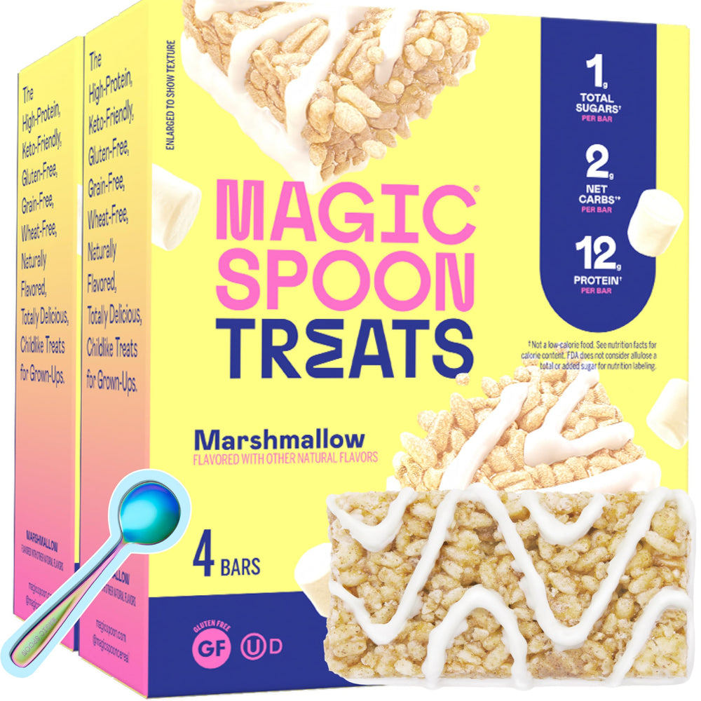 Magic Spoon empaque frontal mostrando 8 barras y beneficio práctico