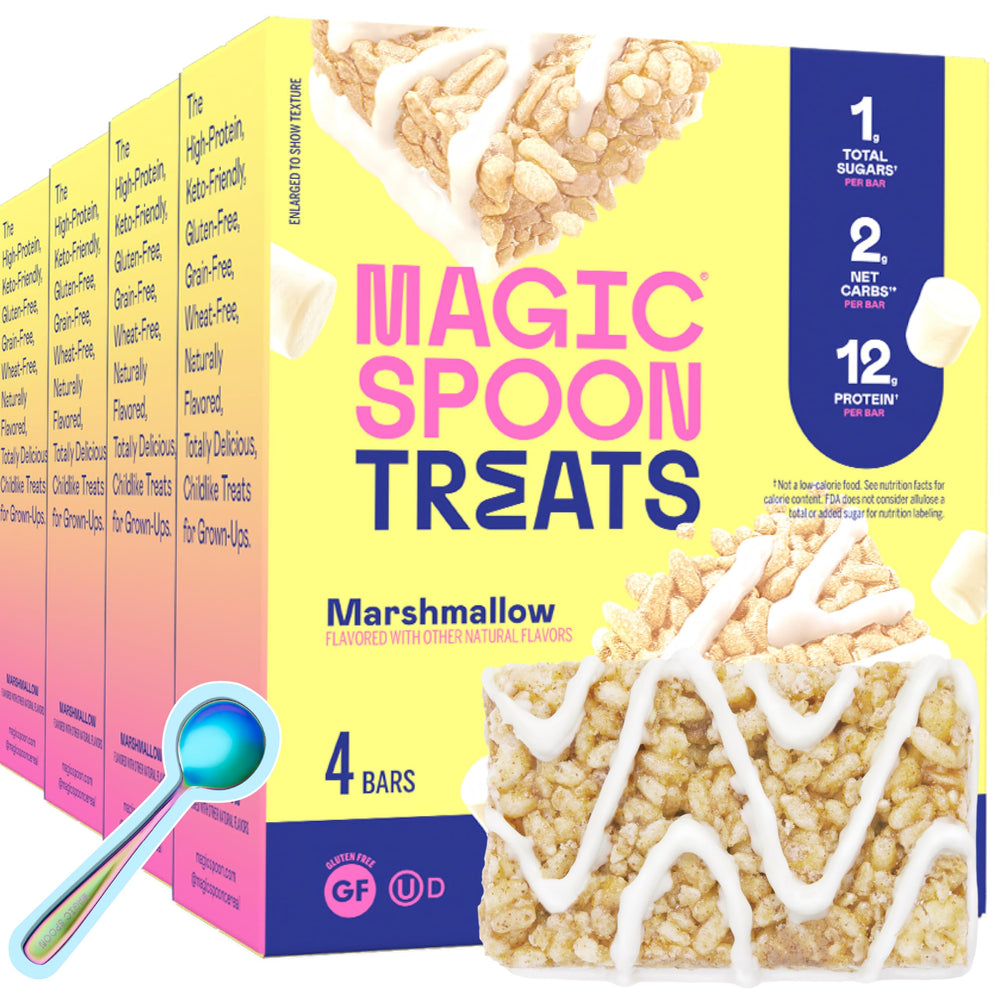 Magic Spoon empaque frontal mostrando caja de 16 barras, práctico y transportable