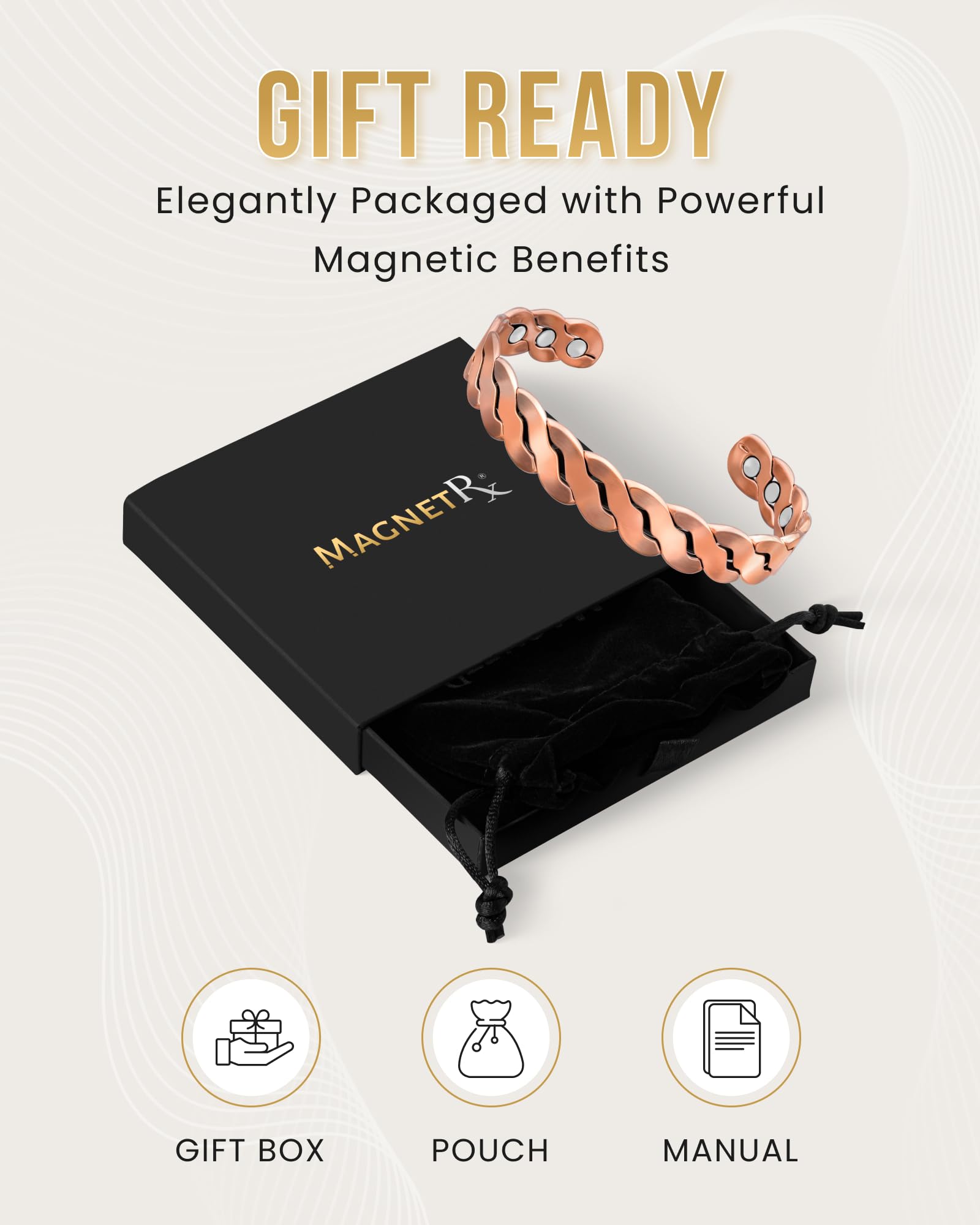 MagnetRX brazalete abierto mostrando cómo ajustar el cuff de manera segura