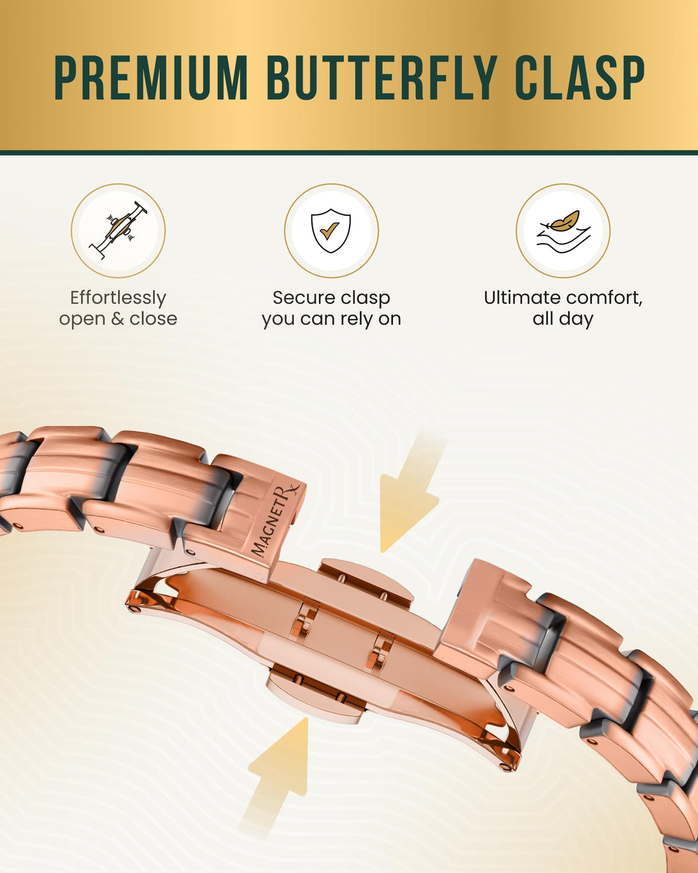 Pulsera MagnetRX puesta en muñeca femenina demostrando aspecto cotidiano y elegante