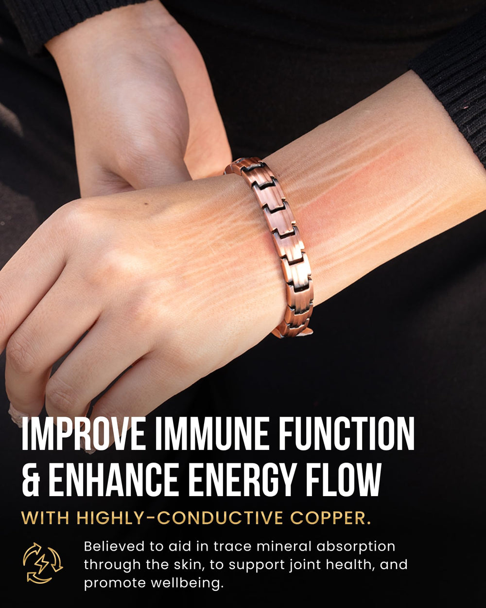 Primer plano de la textura de cobre 99.9% en la pulsera MagnetRX mostrando autenticidad