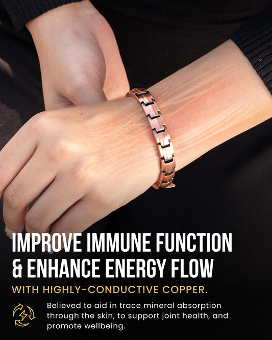 Primer plano de la textura de cobre 99.9% en la pulsera MagnetRX mostrando autenticidad