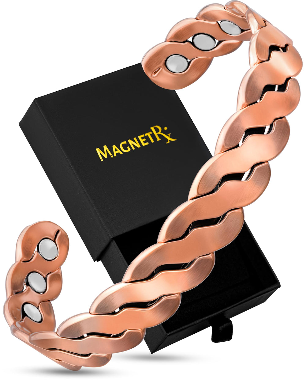 MagnetRX vista frontal del brazalete con empaque elegante y presentación lista para regalo