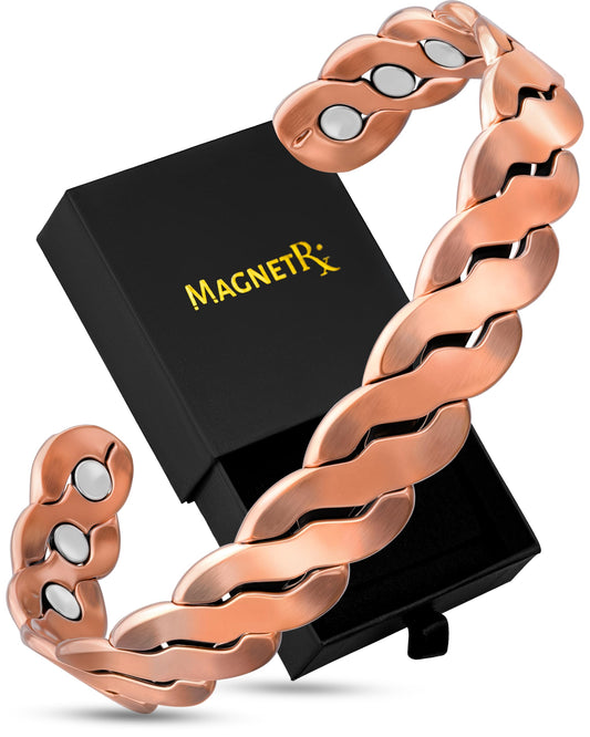MagnetRX vista frontal del brazalete con empaque elegante y presentación lista para regalo