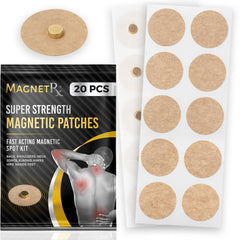 MagnetRX paquete frontal mostrando 20 parches, fácil almacenamiento