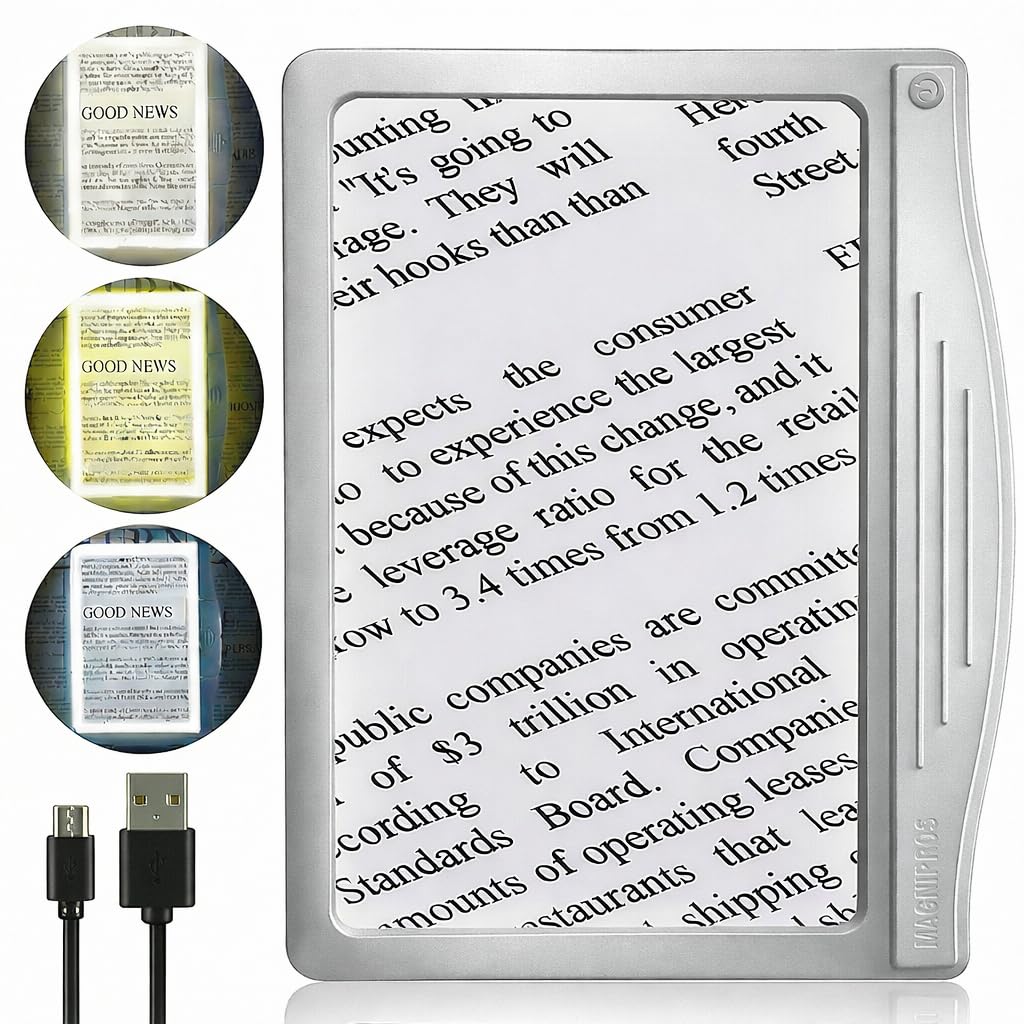 MagniPros lupa frontal mostrando lente grande y beneficios de lectura clara