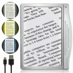 MagniPros lupa frontal mostrando lente grande y beneficios de lectura clara