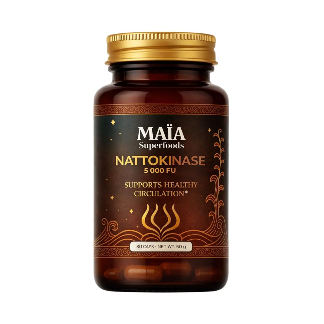 MAÏA SUPERFOODS envase frontal de Maia Nattokinase mostrando diseño y tamaño