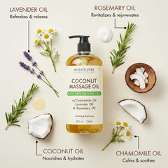 Majestic Pure aceite de coco junto a regla para escala, tamaño práctico