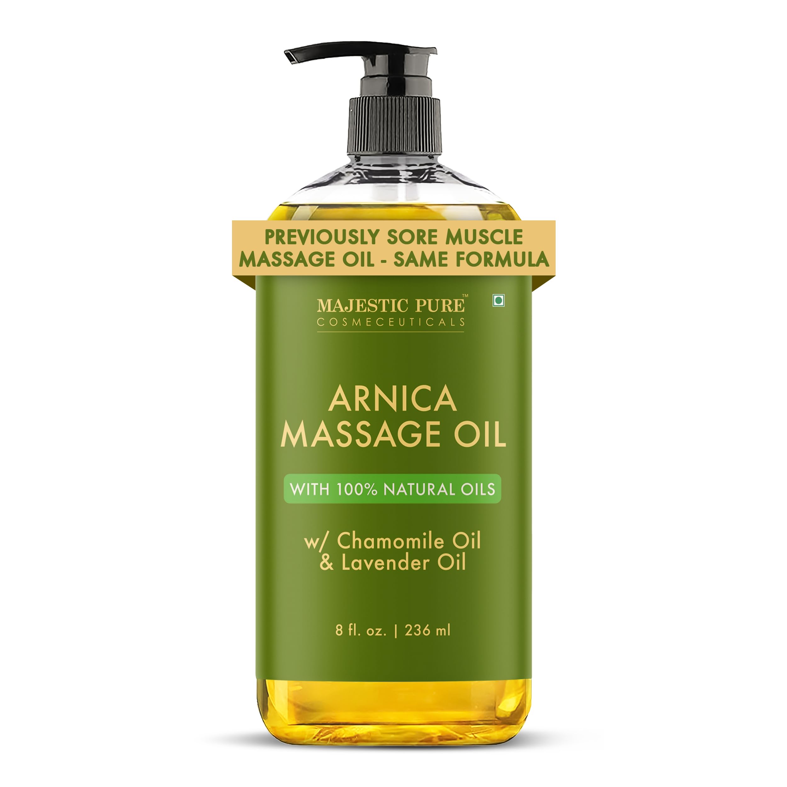 Majestic Pure frasco frontal mostrando diseño y 8 fl oz, ideal para masajes