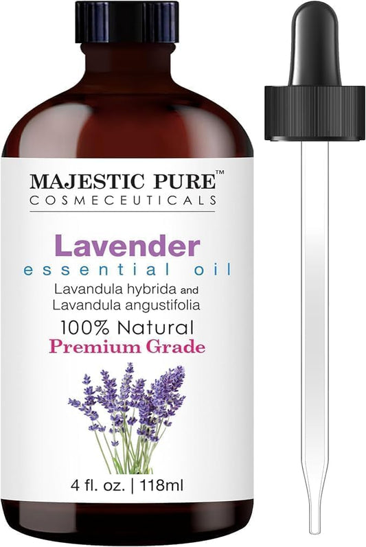 Majestic Pure botella frontal de lavanda mostrando etiqueta y beneficio de protección