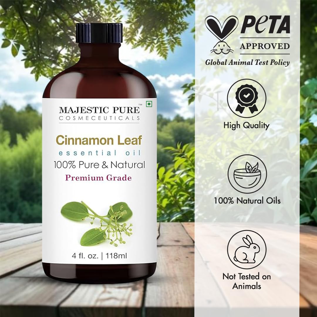 Majestic Pure primer plano del líquido y textura del aceite de canela, muestra calidad